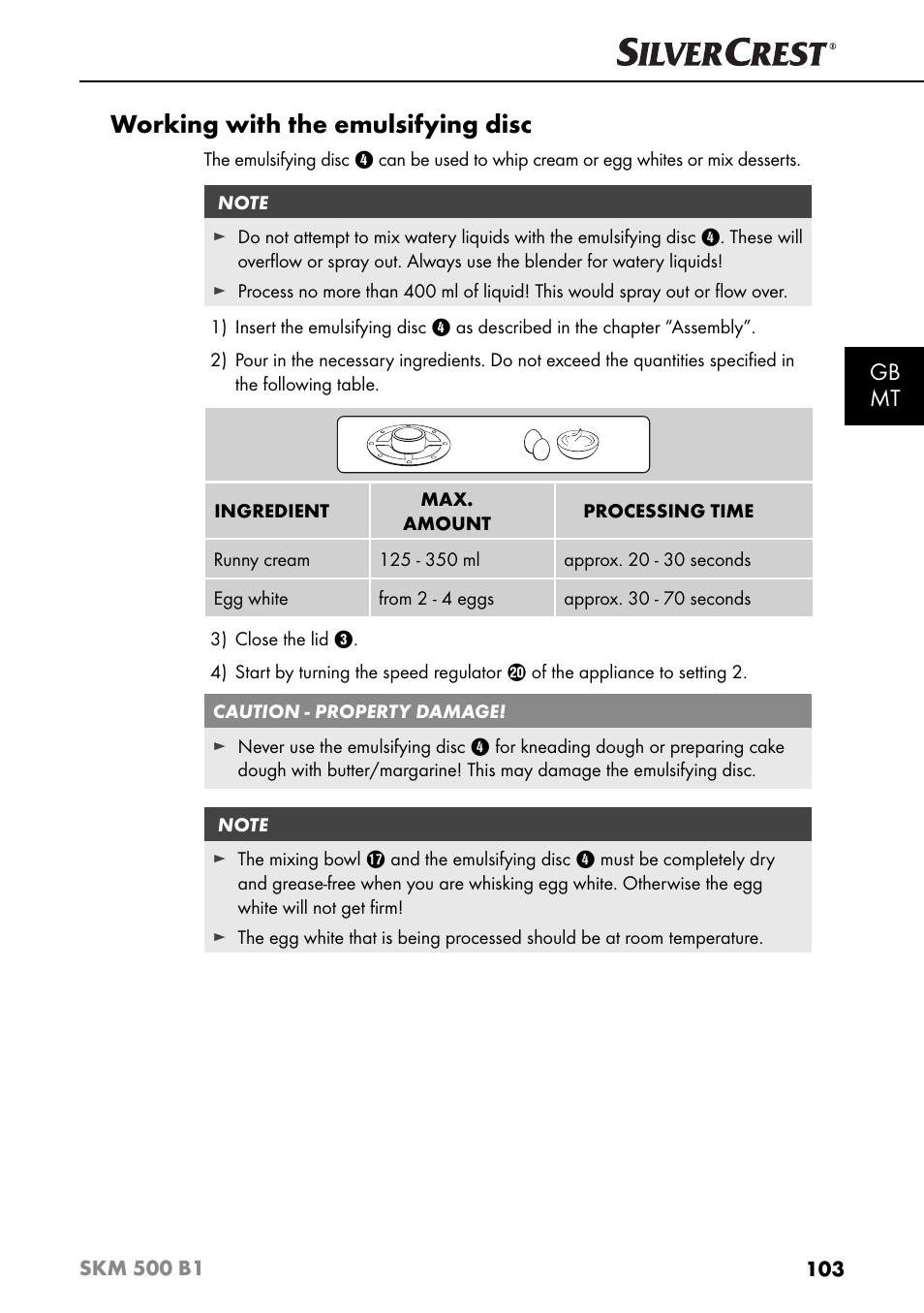 Working with the emulsifying disc, Gb mt | Silvercrest SKM 500 B1 User Manual | Page 106 / 154