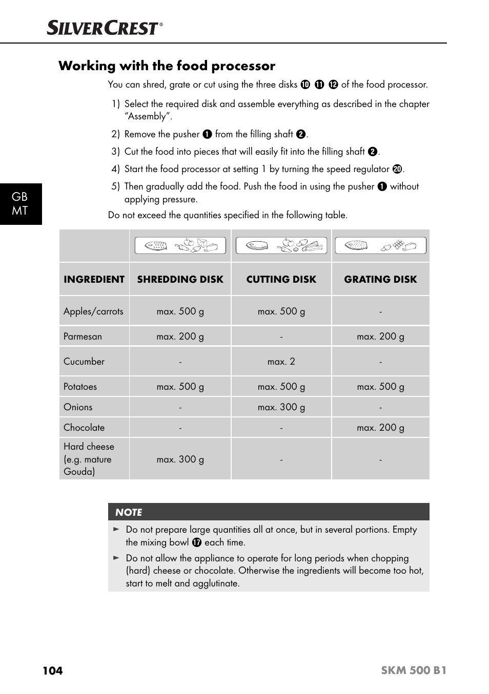 Working with the food processor, Gb mt | Silvercrest SKM 500 B1 User Manual | Page 107 / 154