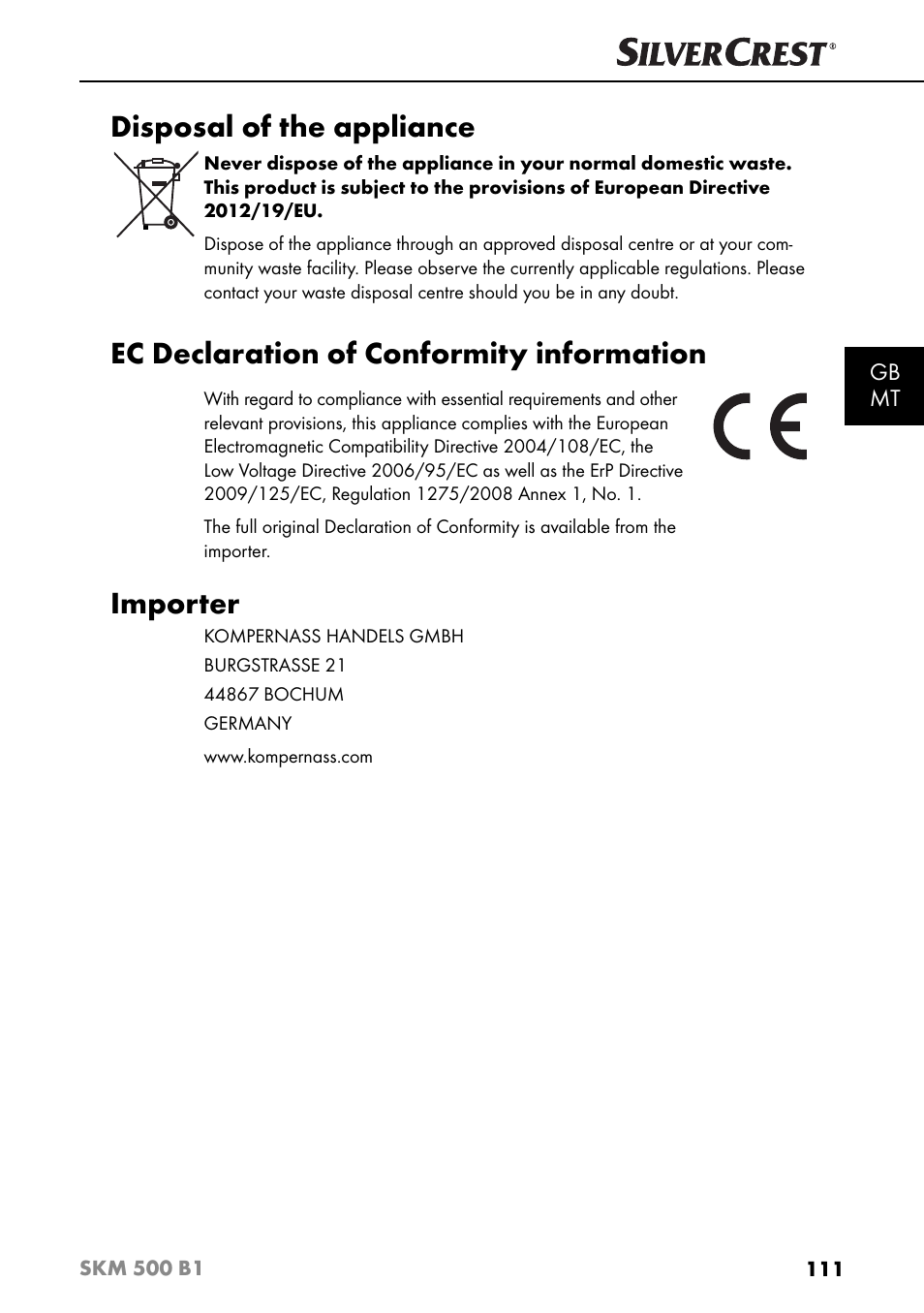 Disposal of the appliance, Ec declaration of conformity information, Importer | Silvercrest SKM 500 B1 User Manual | Page 114 / 154