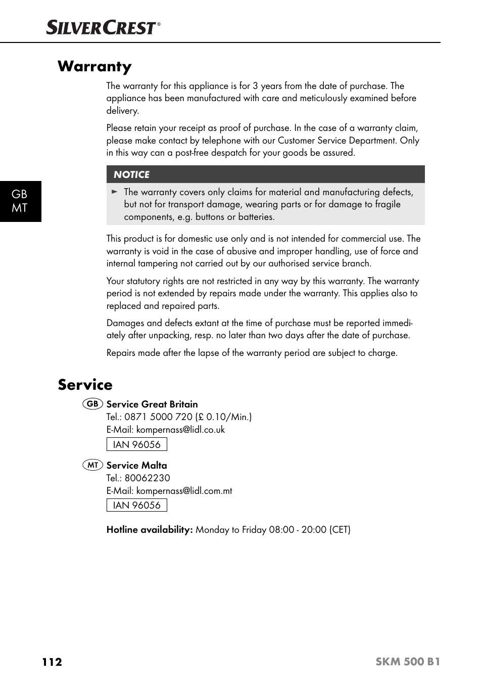 Warranty, Service, Gb mt | Silvercrest SKM 500 B1 User Manual | Page 115 / 154