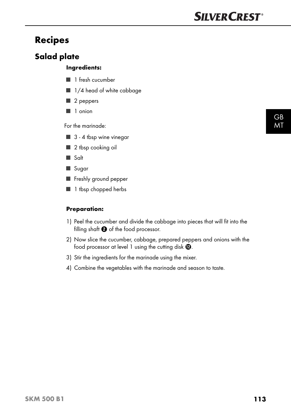 Recipes, Salad plate, Gb mt | Silvercrest SKM 500 B1 User Manual | Page 116 / 154