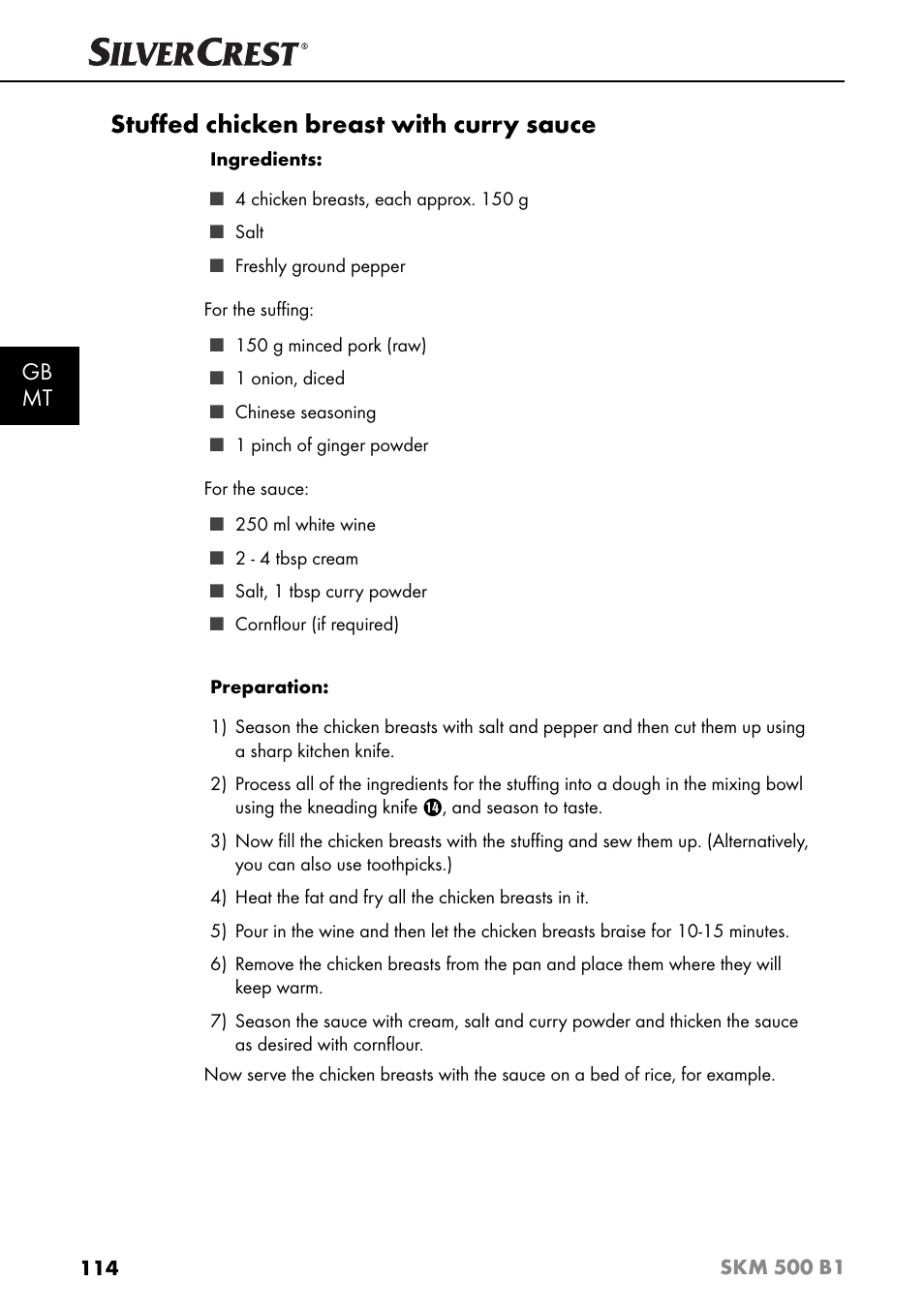 Stuﬀ ed chicken breast with curry sauce, Gb mt | Silvercrest SKM 500 B1 User Manual | Page 117 / 154