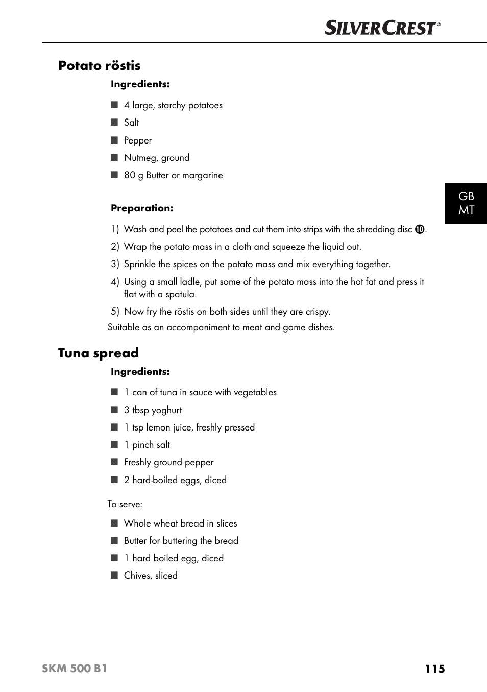 Potato röstis, Tuna spread, Gb mt | Silvercrest SKM 500 B1 User Manual | Page 118 / 154