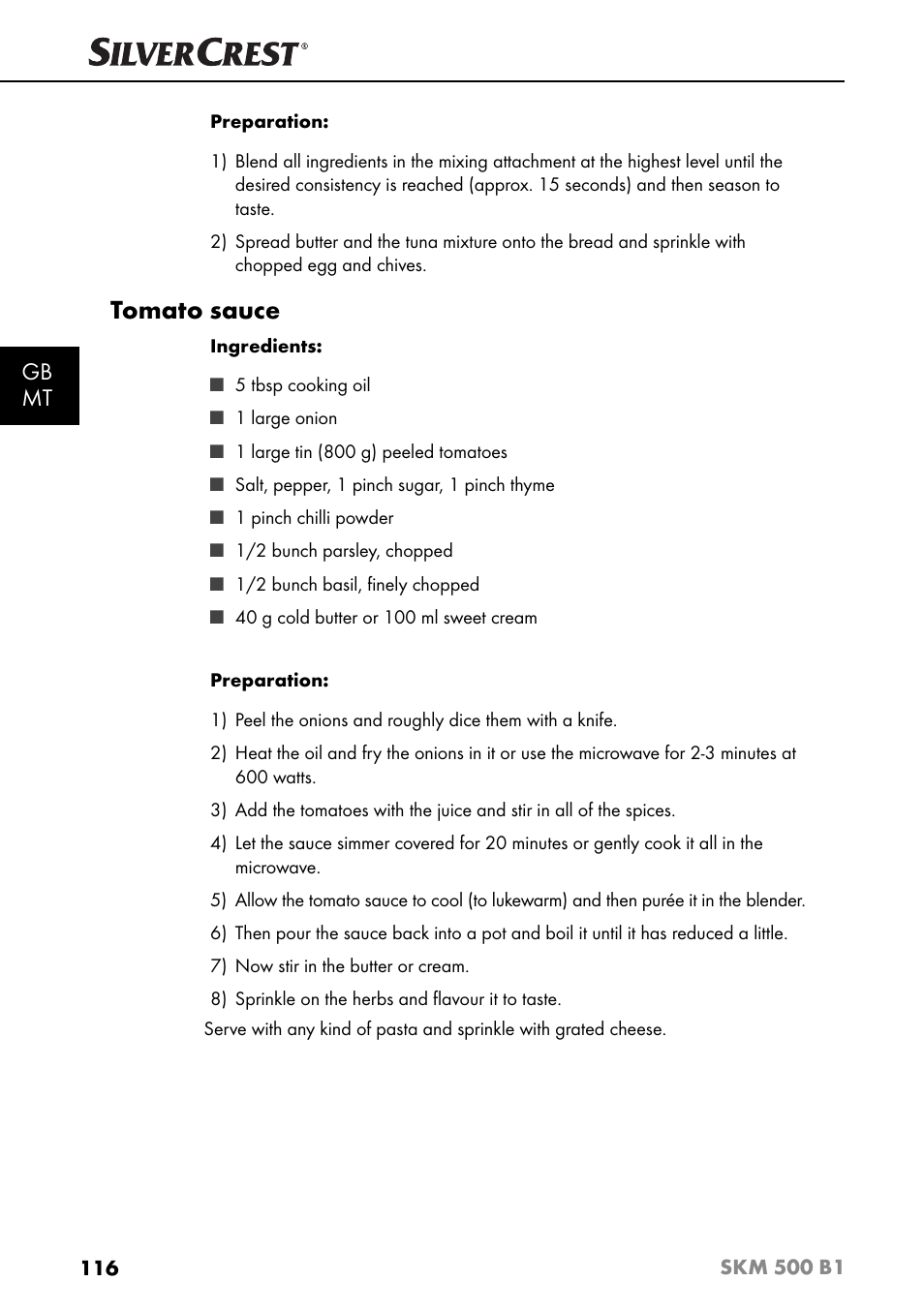 Tomato sauce, Gb mt | Silvercrest SKM 500 B1 User Manual | Page 119 / 154