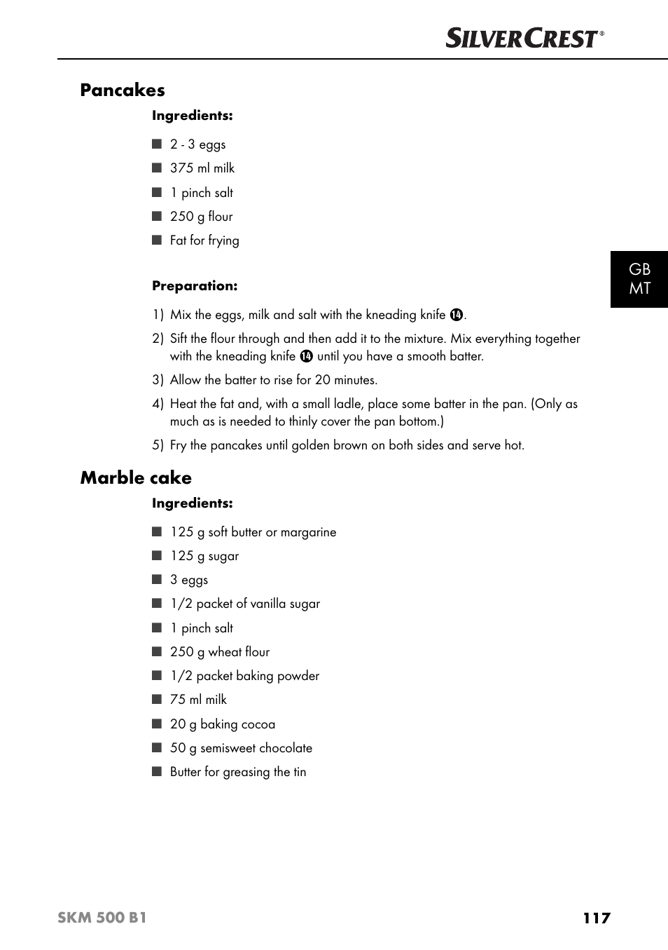 Pancakes, Marble cake, Gb mt | Silvercrest SKM 500 B1 User Manual | Page 120 / 154