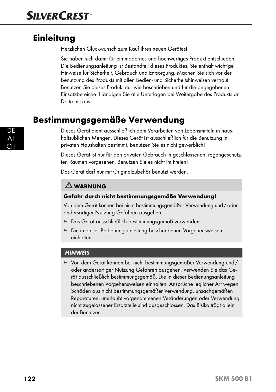 Einleitung, Bestimmungsgemäße verwendung, De at ch | Silvercrest SKM 500 B1 User Manual | Page 125 / 154