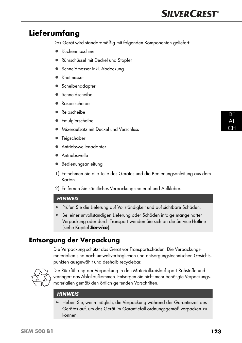 Lieferumfang, Entsorgung der verpackung, De at ch | Silvercrest SKM 500 B1 User Manual | Page 126 / 154