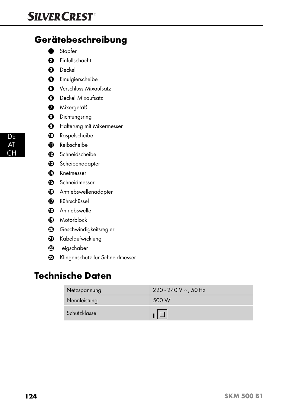 Gerätebeschreibung, Technische daten, De at ch | Silvercrest SKM 500 B1 User Manual | Page 127 / 154