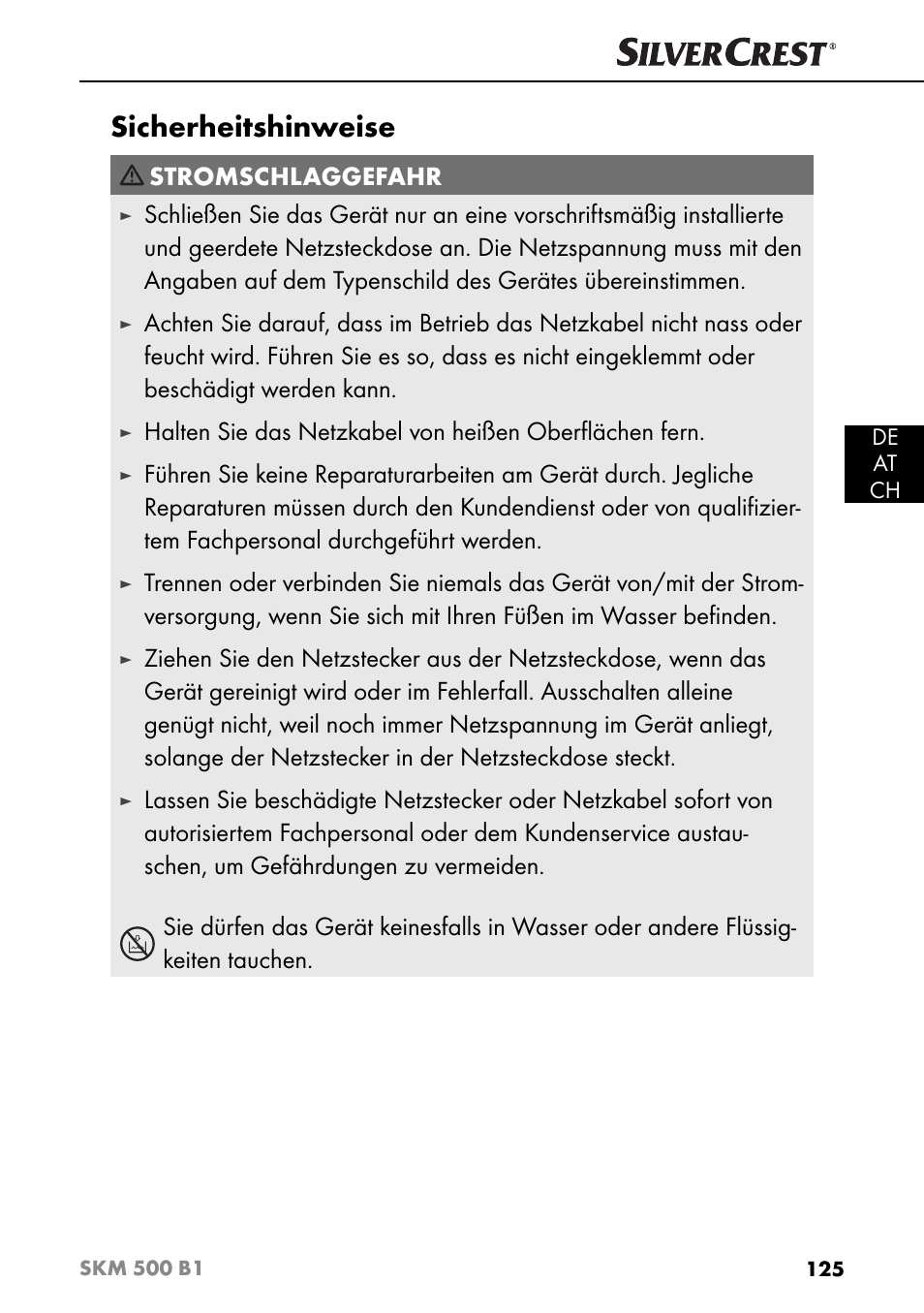 Sicherheitshinweise, Stromschlaggefahr | Silvercrest SKM 500 B1 User Manual | Page 128 / 154