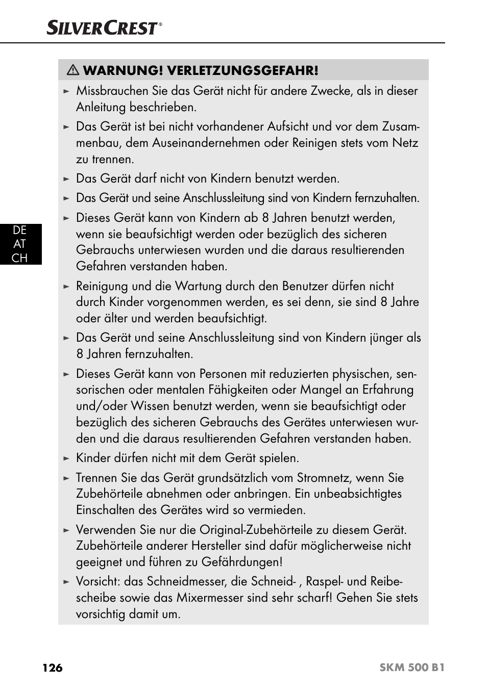 Warnung! verletzungsgefahr, Das gerät darf nicht von kindern benutzt werden, Kinder dürfen nicht mit dem gerät spielen | Silvercrest SKM 500 B1 User Manual | Page 129 / 154