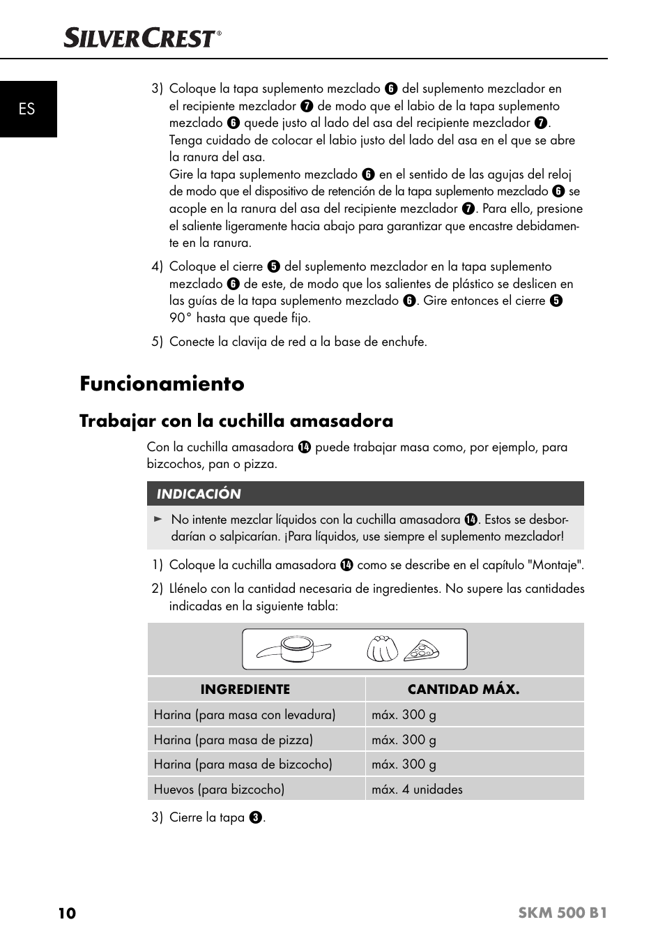 Funcionamiento, Trabajar con la cuchilla amasadora | Silvercrest SKM 500 B1 User Manual | Page 13 / 154