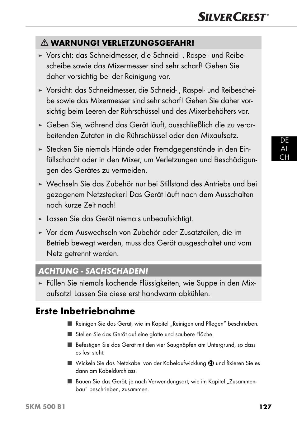 Erste inbetriebnahme, Warnung! verletzungsgefahr, Lassen sie das gerät niemals unbeaufsichtigt | Silvercrest SKM 500 B1 User Manual | Page 130 / 154