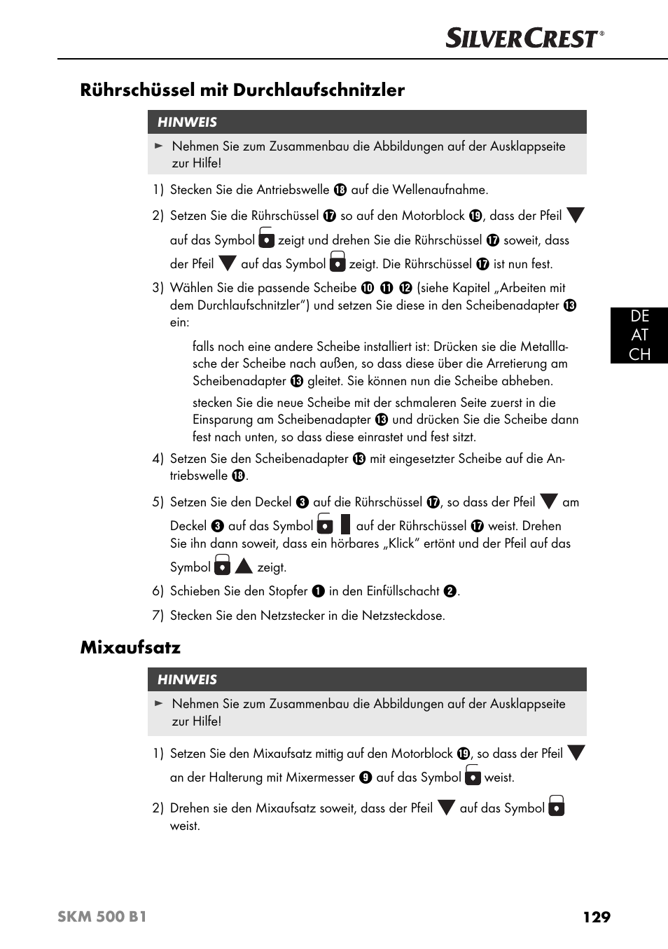 Rührschüssel mit durchlaufschnitzler, Mixaufsatz, De at ch | Silvercrest SKM 500 B1 User Manual | Page 132 / 154