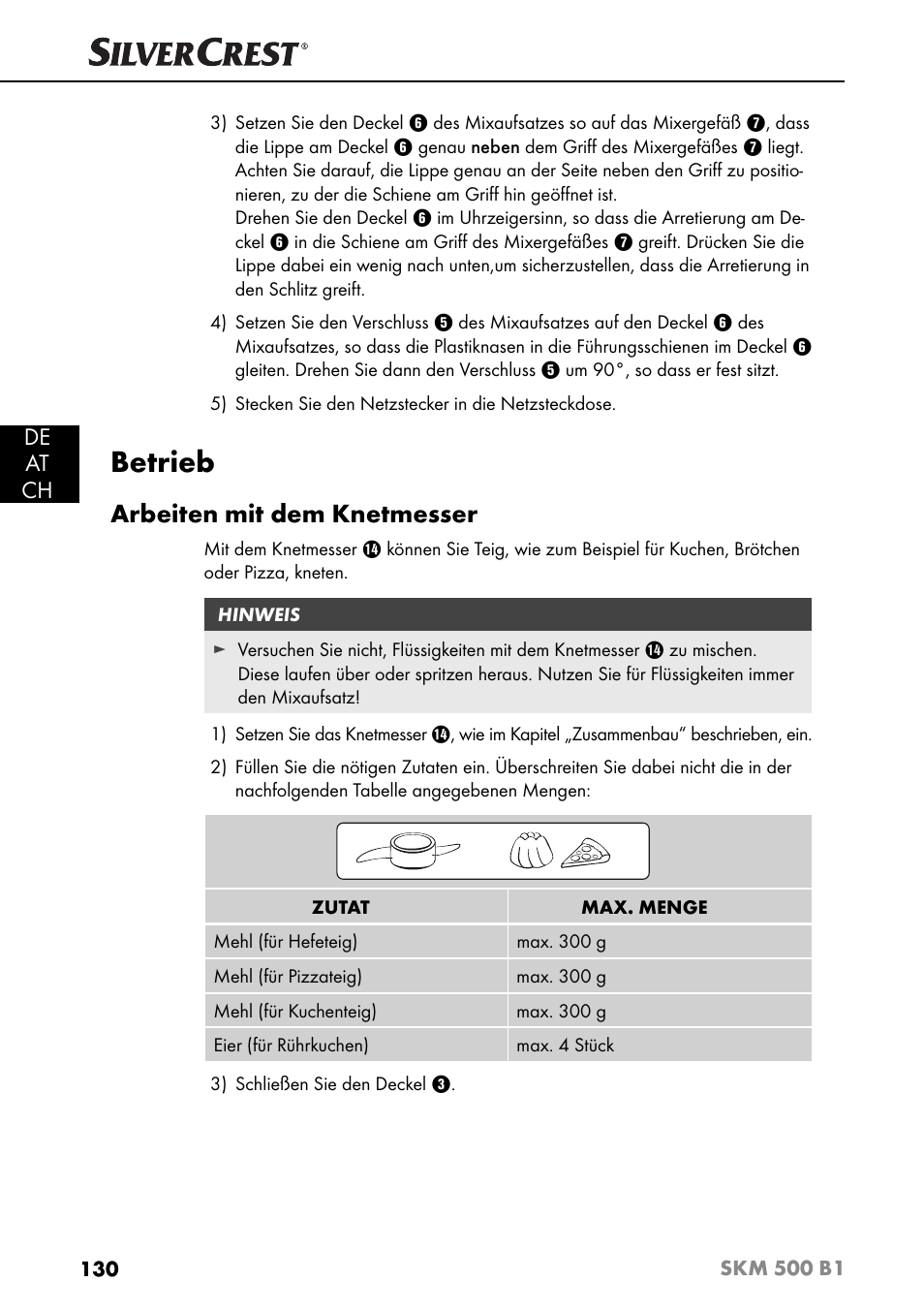 Betrieb, Arbeiten mit dem knetmesser, De at ch | Silvercrest SKM 500 B1 User Manual | Page 133 / 154
