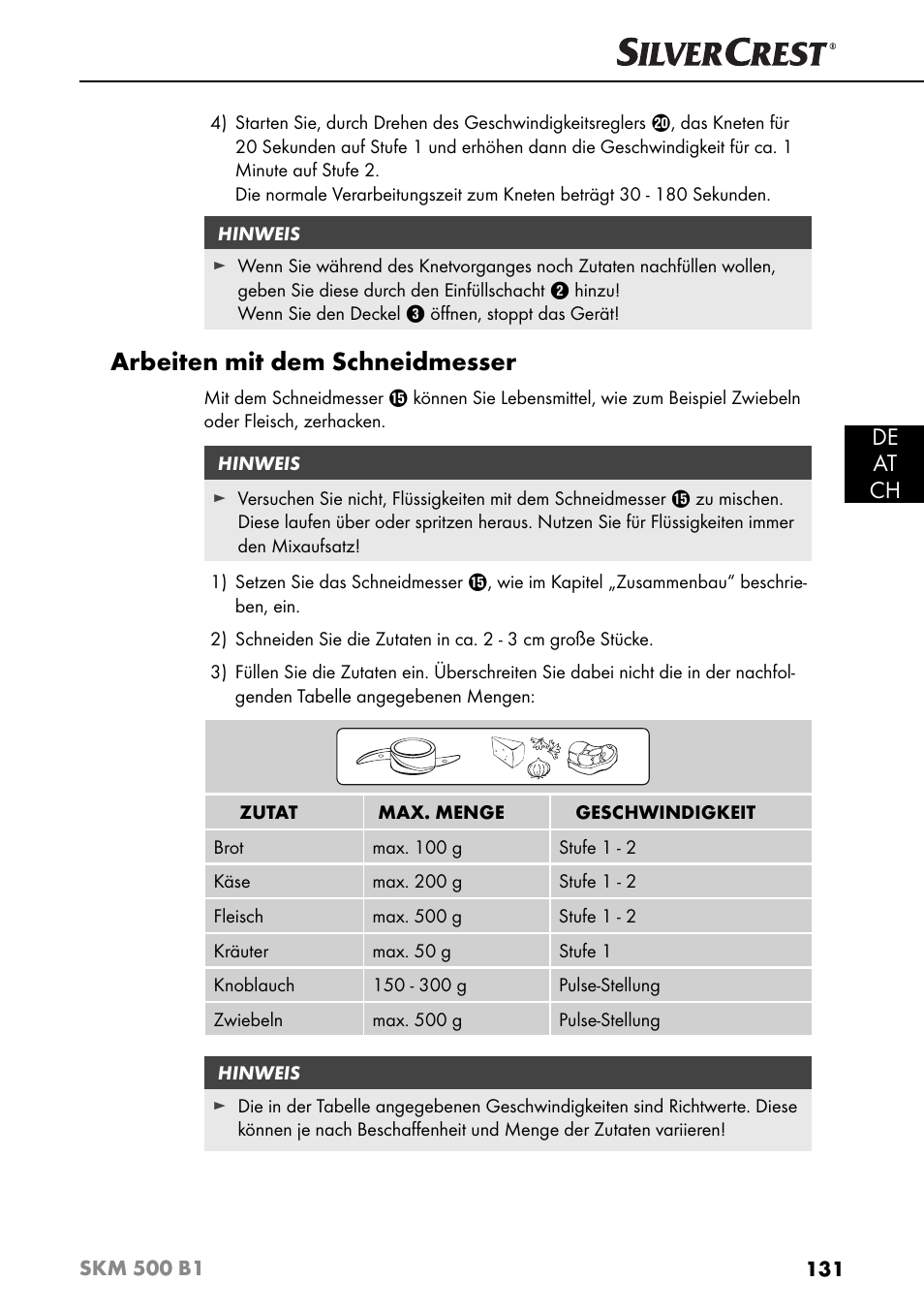 Arbeiten mit dem schneidmesser, De at ch | Silvercrest SKM 500 B1 User Manual | Page 134 / 154