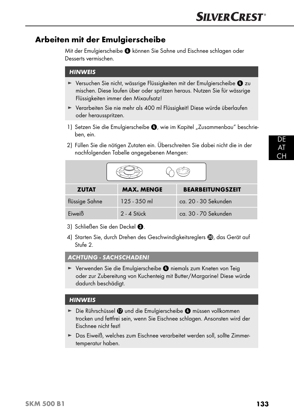 Arbeiten mit der emulgierscheibe, De at ch | Silvercrest SKM 500 B1 User Manual | Page 136 / 154