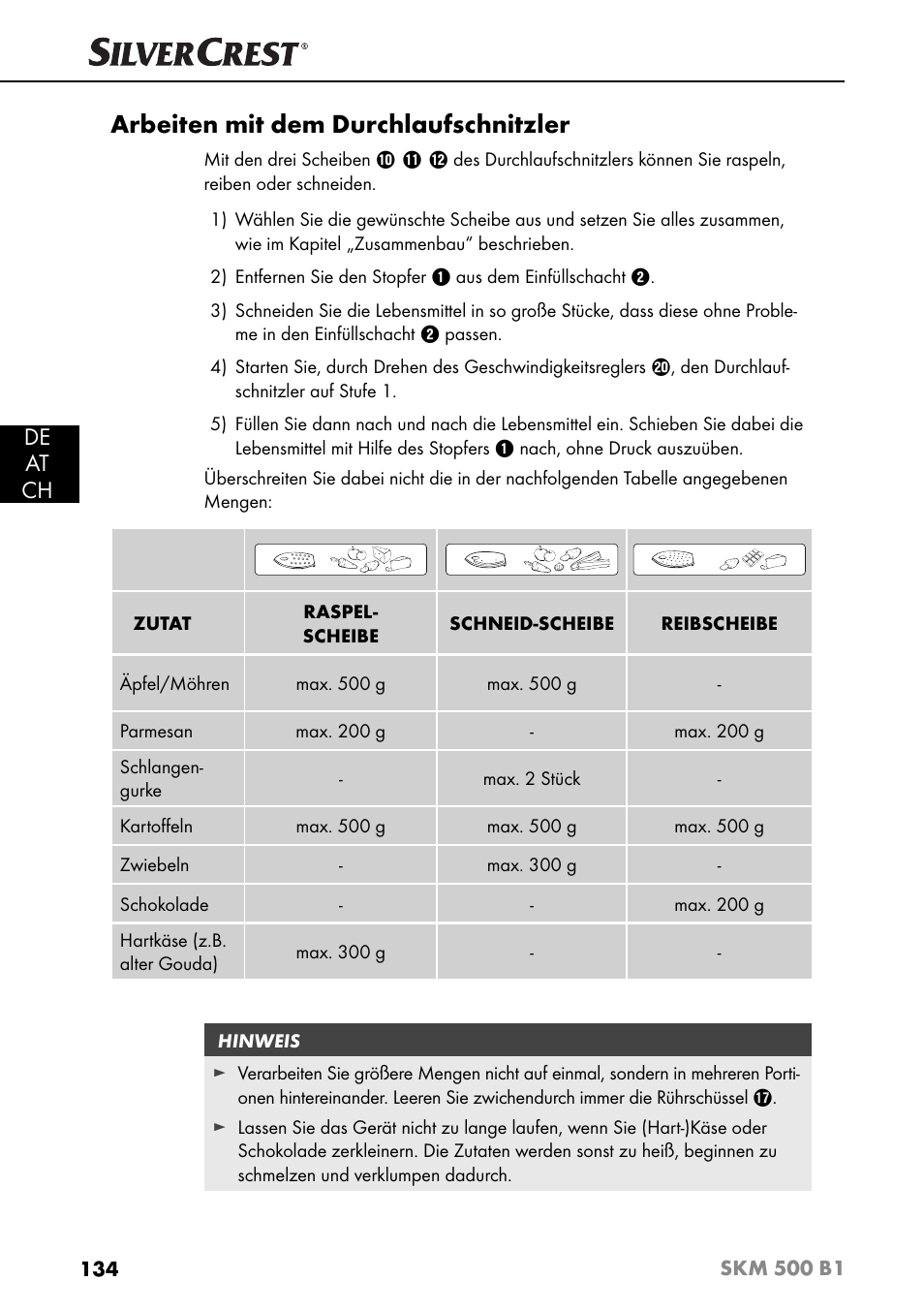 Arbeiten mit dem durchlaufschnitzler, De at ch | Silvercrest SKM 500 B1 User Manual | Page 137 / 154