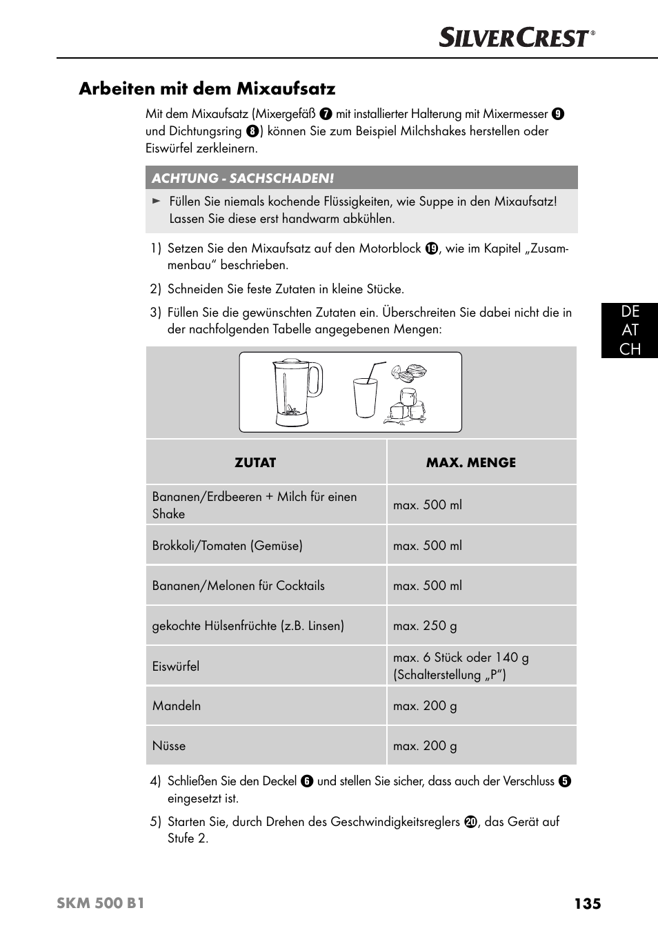 Arbeiten mit dem mixaufsatz, De at ch | Silvercrest SKM 500 B1 User Manual | Page 138 / 154