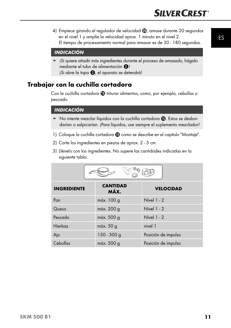 Trabajar con la cuchilla cortadora | Silvercrest SKM 500 B1 User Manual | Page 14 / 154