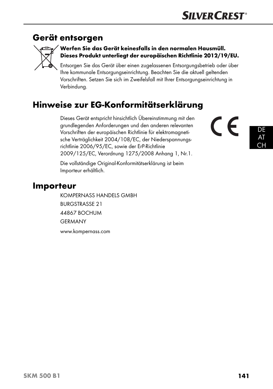 Gerät entsorgen, Hinweise zur eg-konformitätserklärung, Importeur | Silvercrest SKM 500 B1 User Manual | Page 144 / 154