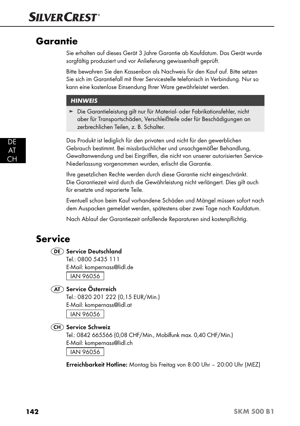 Garantie, Service, De at ch | Silvercrest SKM 500 B1 User Manual | Page 145 / 154