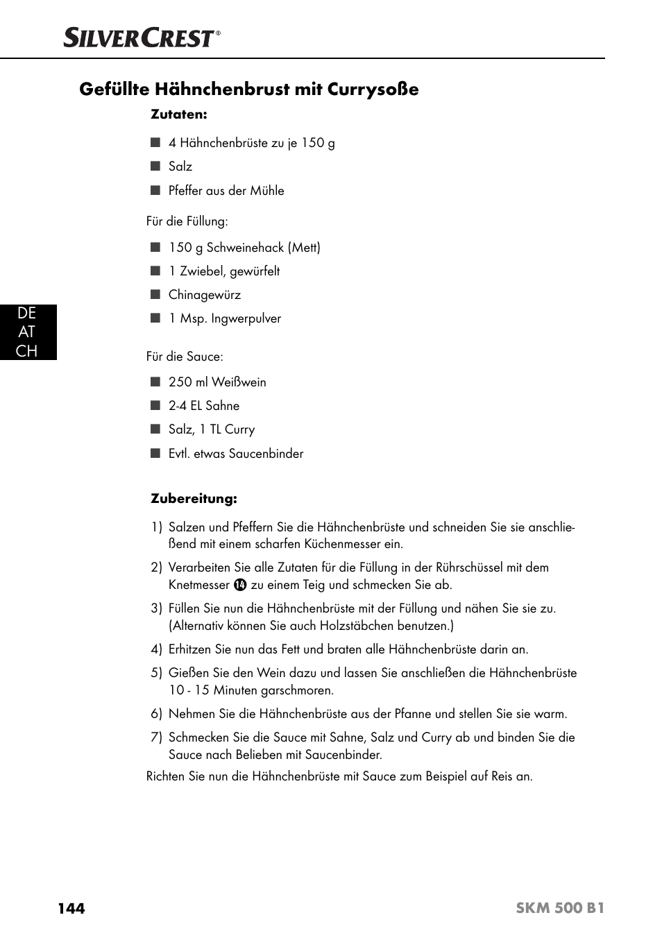 Gefüllte hähnchenbrust mit currysoße, De at ch | Silvercrest SKM 500 B1 User Manual | Page 147 / 154