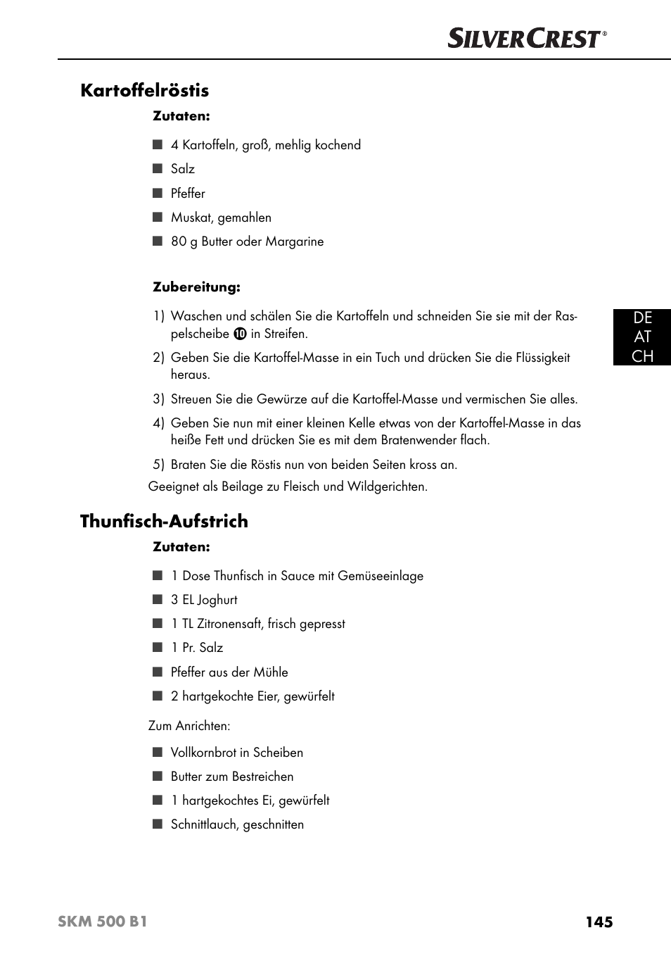 Kartoﬀ elröstis, Thunﬁ sch-aufstrich, De at ch | Silvercrest SKM 500 B1 User Manual | Page 148 / 154