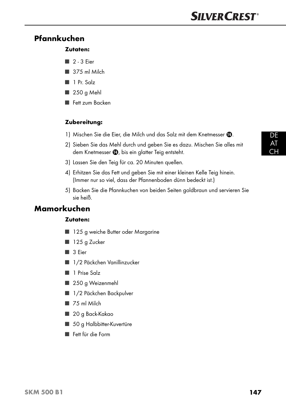 Pfannkuchen, Mamorkuchen, De at ch | Silvercrest SKM 500 B1 User Manual | Page 150 / 154