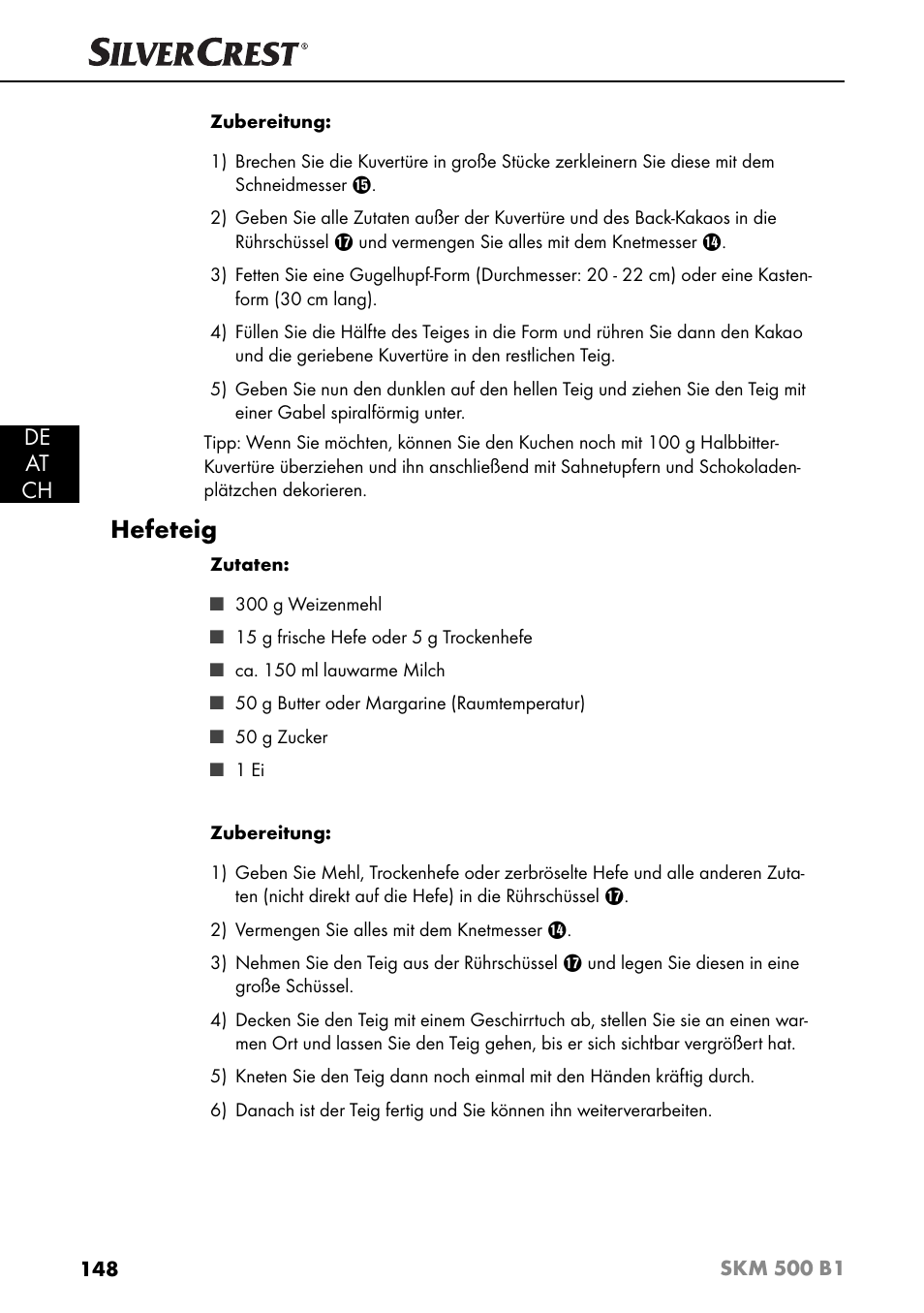 Hefeteig, De at ch | Silvercrest SKM 500 B1 User Manual | Page 151 / 154