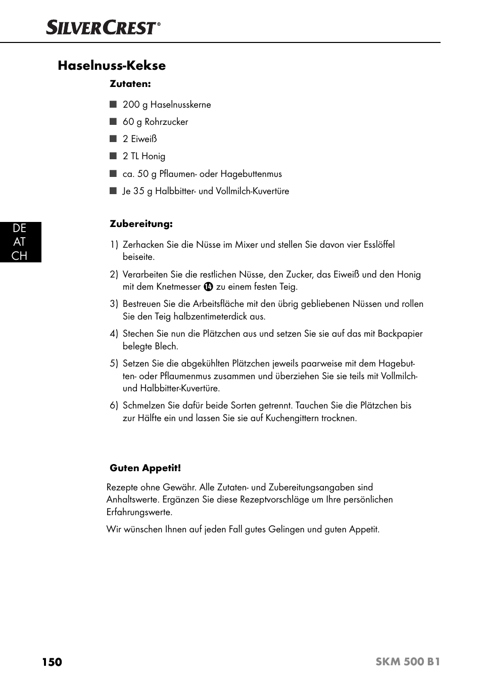 Haselnuss-kekse, De at ch | Silvercrest SKM 500 B1 User Manual | Page 153 / 154