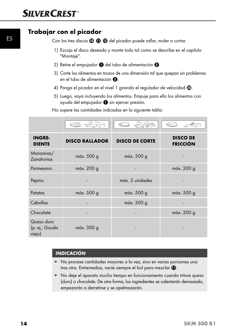 Trabajar con el picador | Silvercrest SKM 500 B1 User Manual | Page 17 / 154