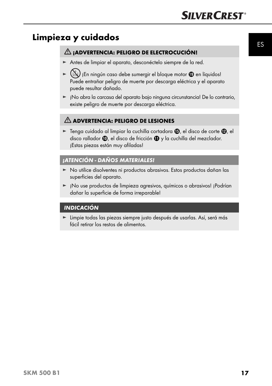 Limpieza y cuidados | Silvercrest SKM 500 B1 User Manual | Page 20 / 154