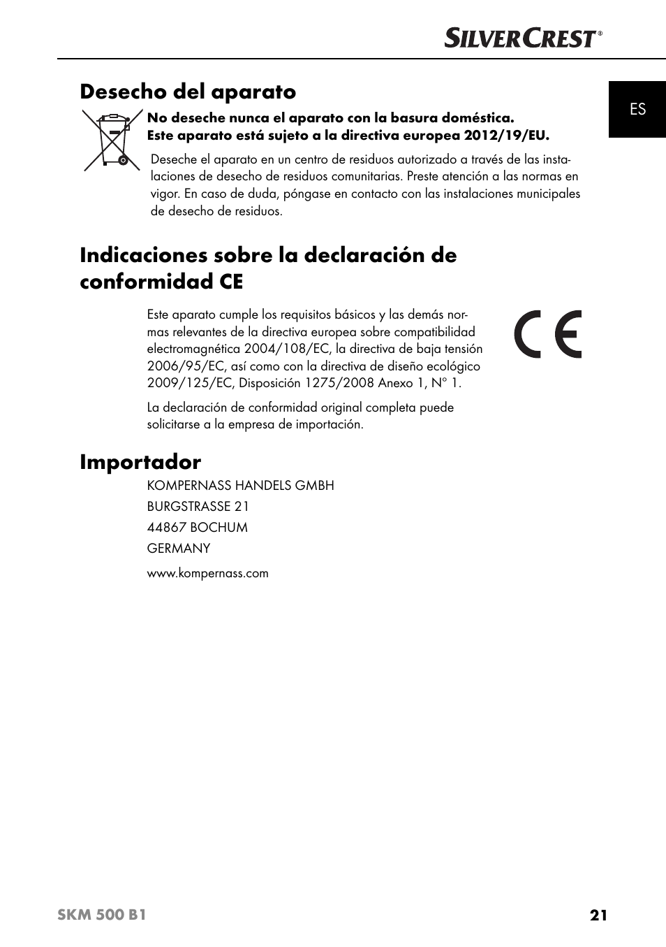 Desecho del aparato, Importador | Silvercrest SKM 500 B1 User Manual | Page 24 / 154