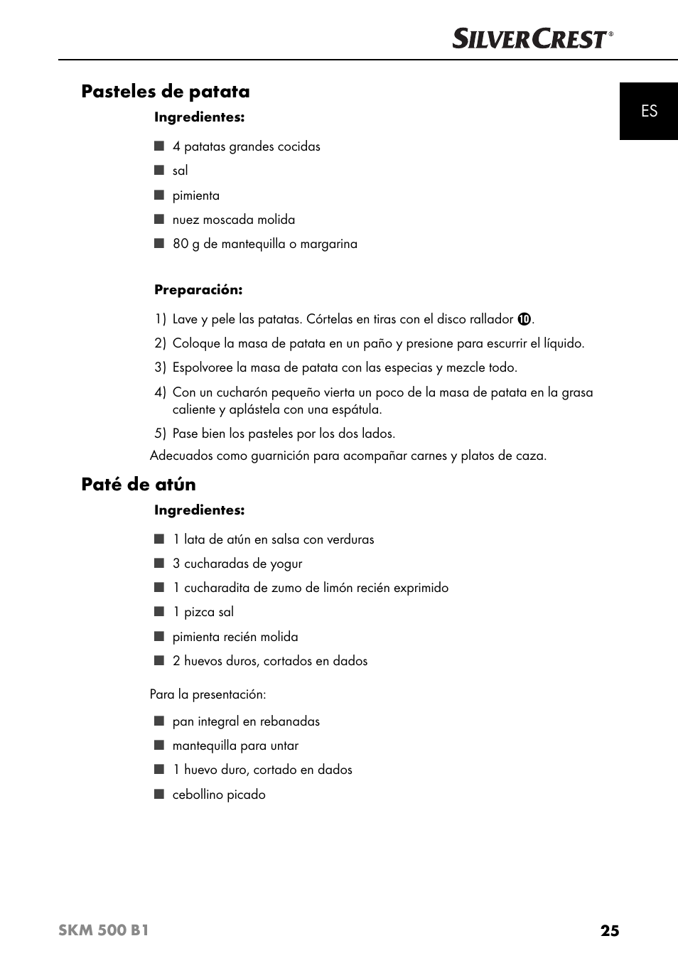 Pasteles de patata, Paté de atún | Silvercrest SKM 500 B1 User Manual | Page 28 / 154