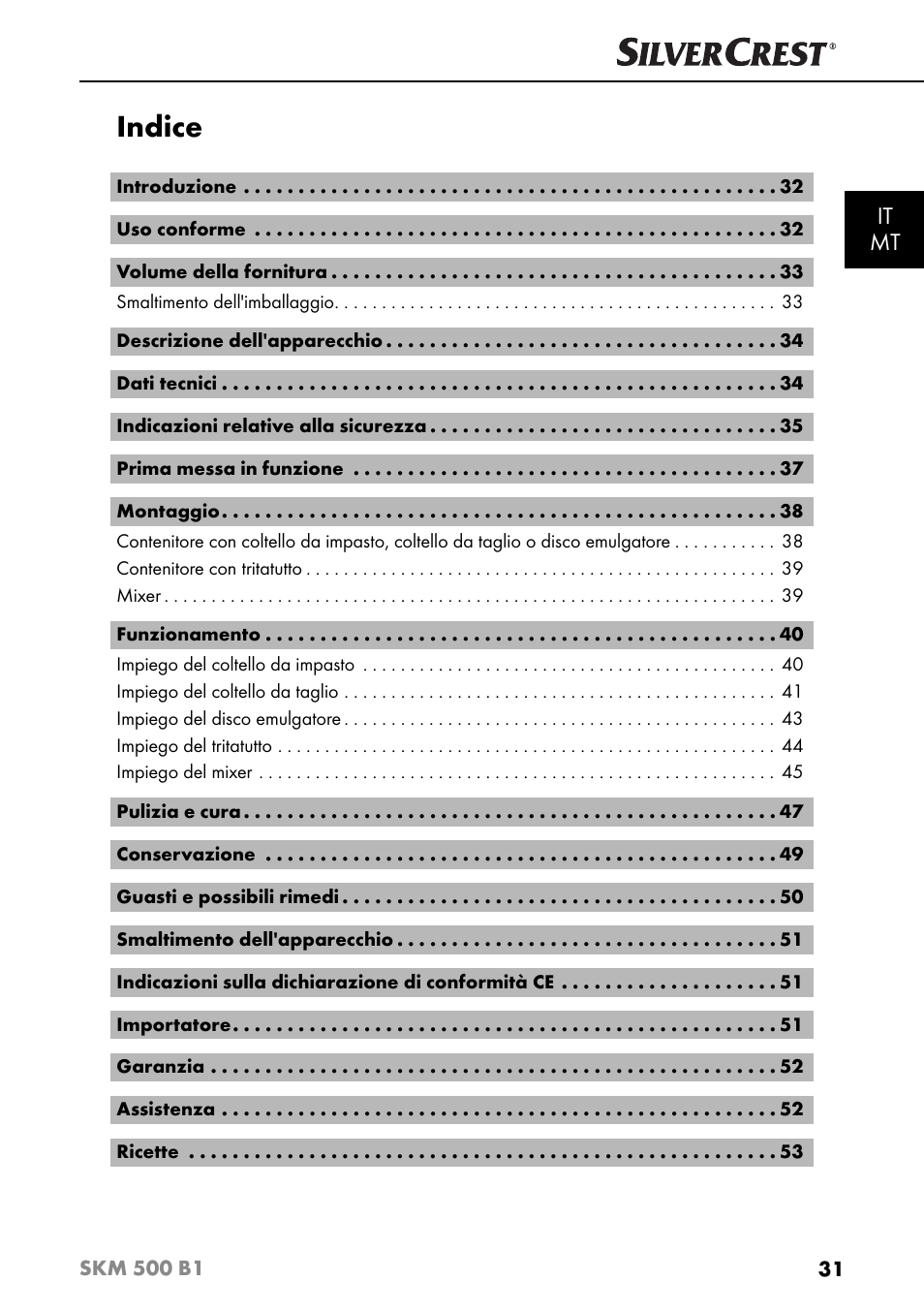 Indice, It mt | Silvercrest SKM 500 B1 User Manual | Page 34 / 154