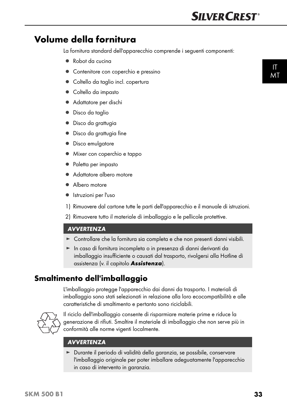 Volume della fornitura, Smaltimento dell'imballaggio, It mt | Silvercrest SKM 500 B1 User Manual | Page 36 / 154