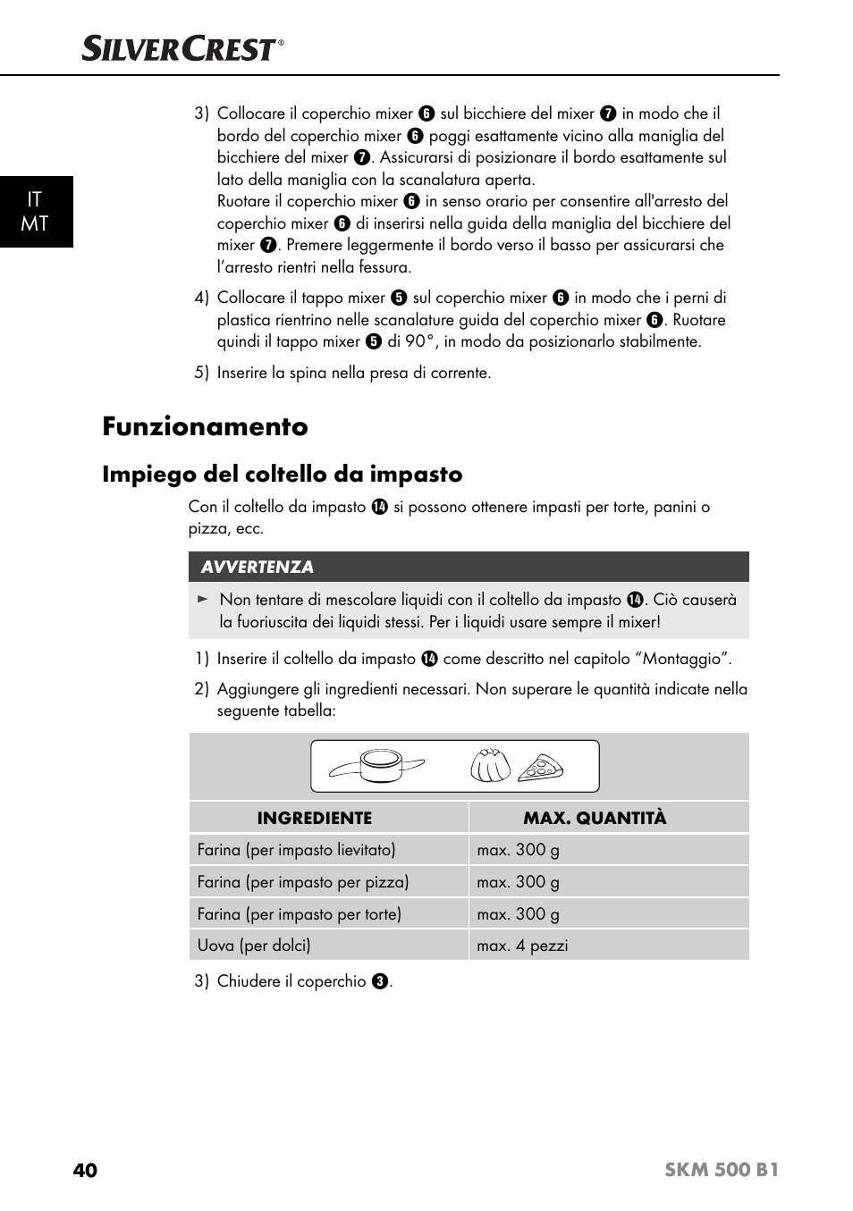 Funzionamento, Impiego del coltello da impasto, It mt | Silvercrest SKM 500 B1 User Manual | Page 43 / 154