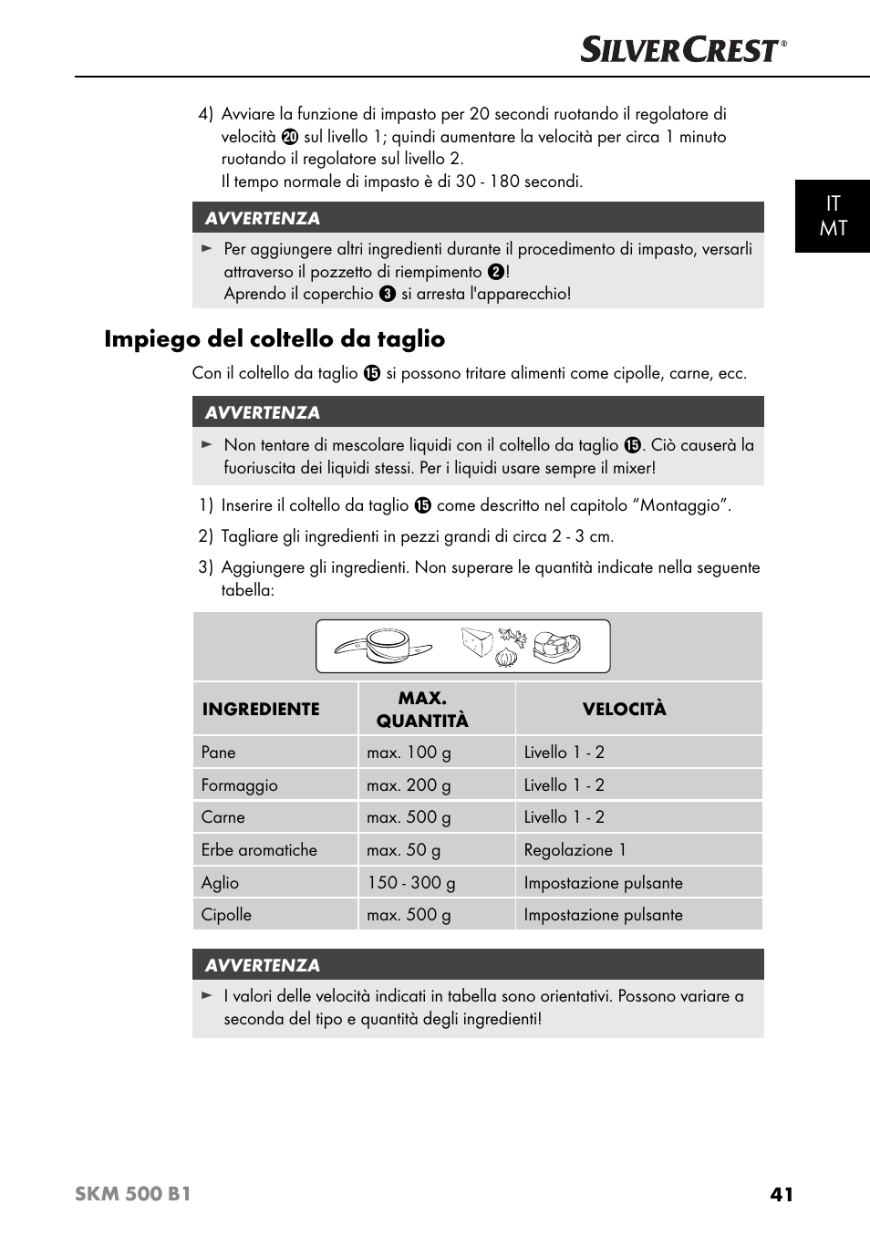 Impiego del coltello da taglio, It mt | Silvercrest SKM 500 B1 User Manual | Page 44 / 154