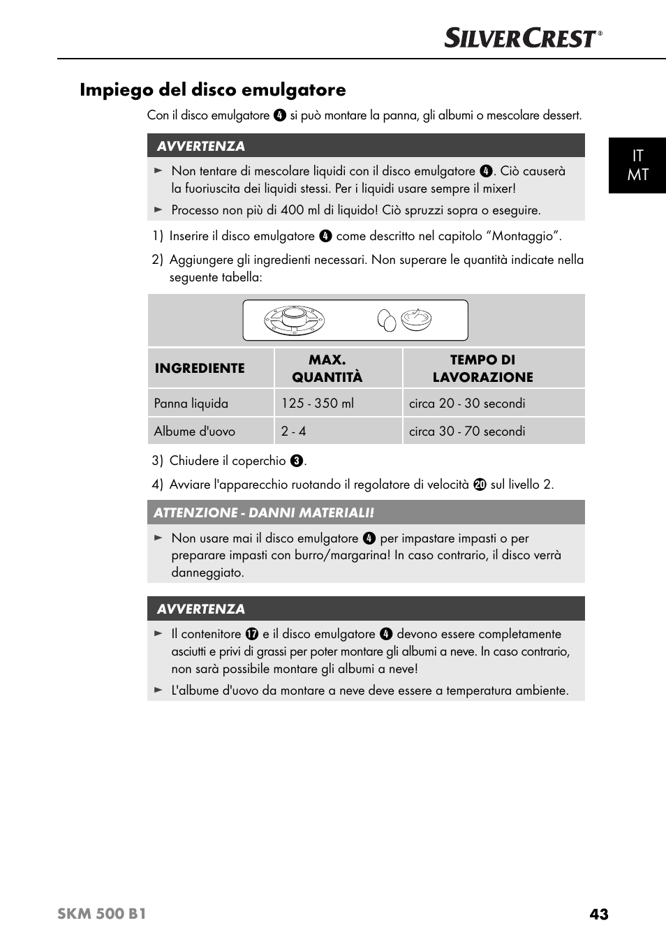 Impiego del disco emulgatore, It mt | Silvercrest SKM 500 B1 User Manual | Page 46 / 154