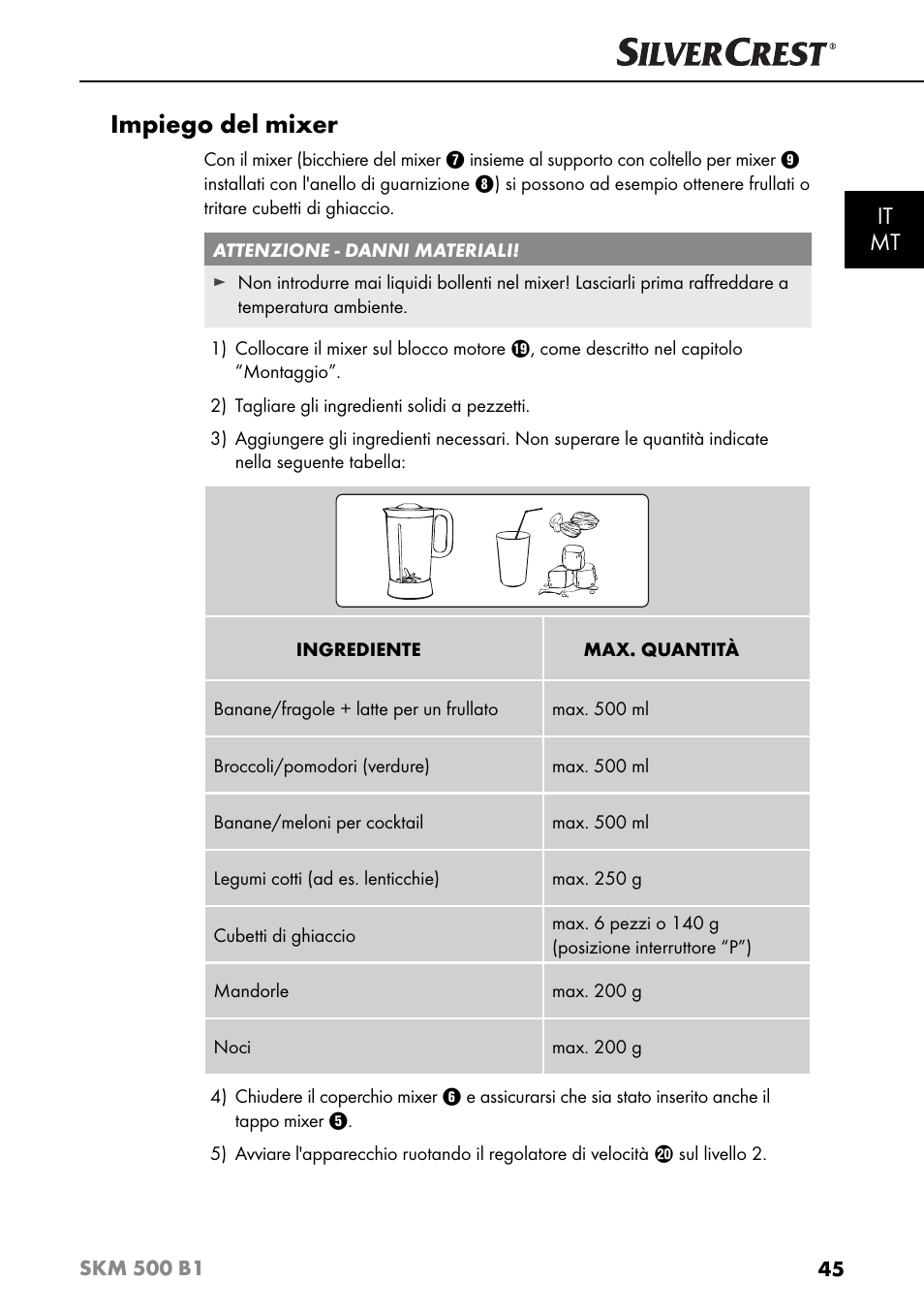Impiego del mixer, It mt | Silvercrest SKM 500 B1 User Manual | Page 48 / 154