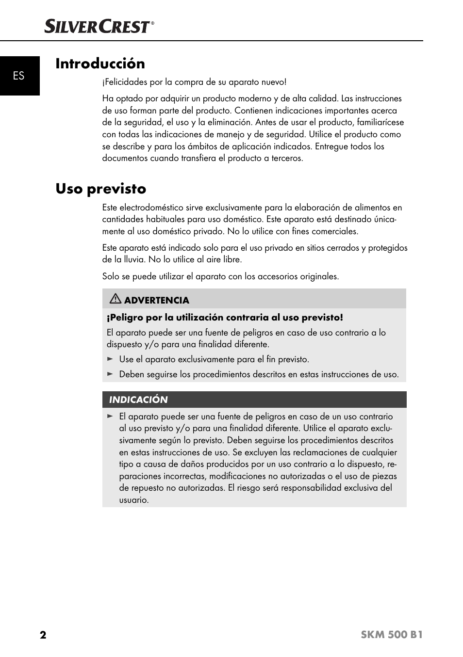 Introducción, Uso previsto | Silvercrest SKM 500 B1 User Manual | Page 5 / 154