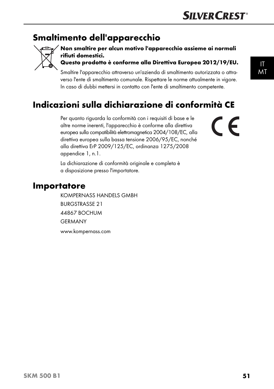 Smaltimento dell'apparecchio, Indicazioni sulla dichiarazione di conformità ce, Importatore | Silvercrest SKM 500 B1 User Manual | Page 54 / 154