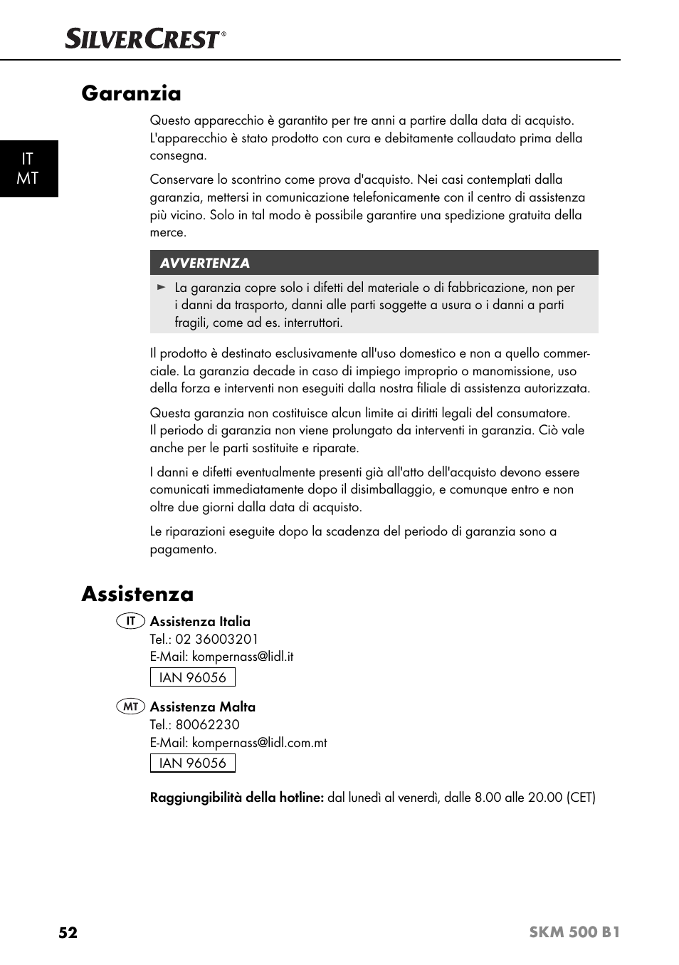 Garanzia, Assistenza, It mt | Silvercrest SKM 500 B1 User Manual | Page 55 / 154