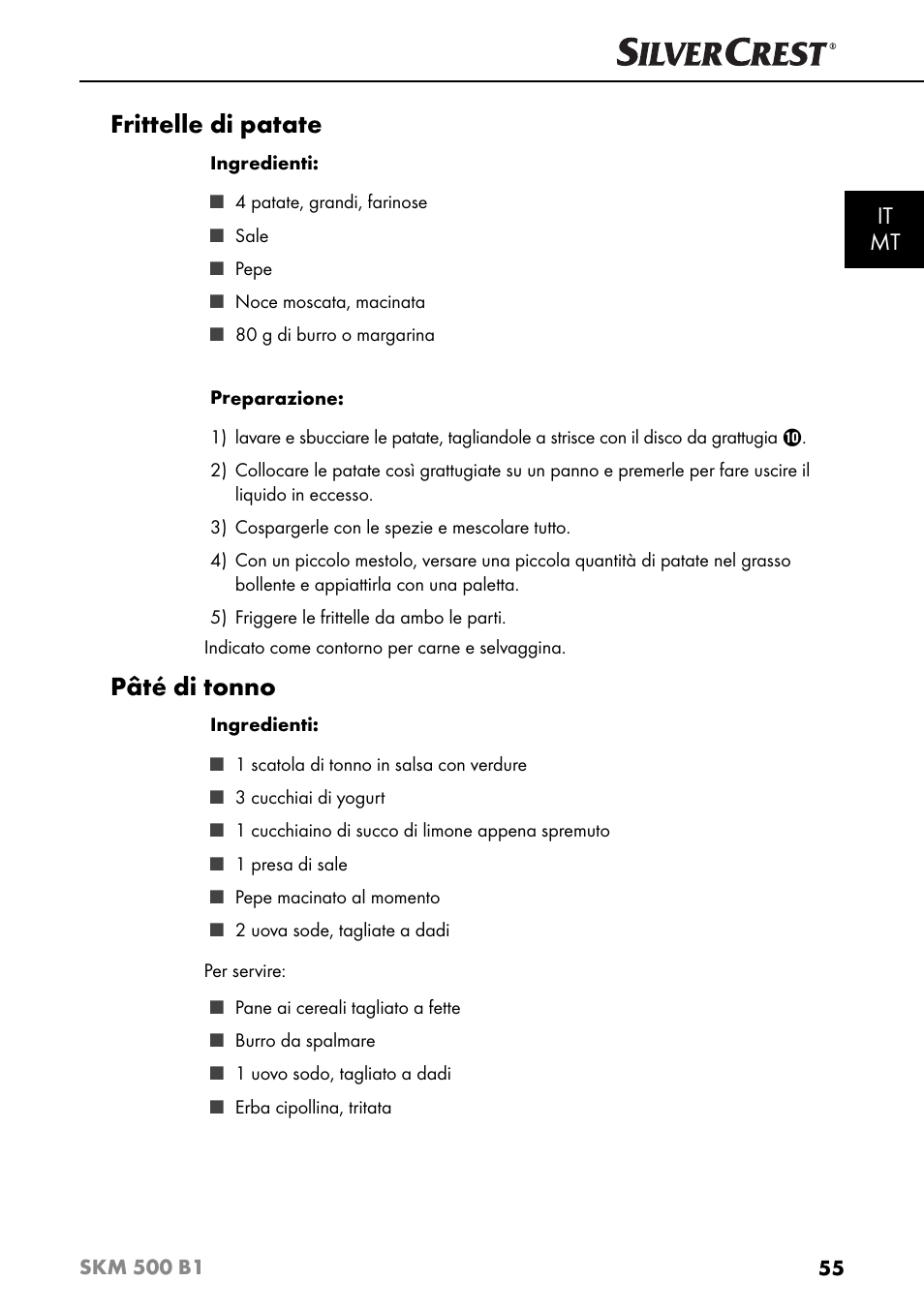 Frittelle di patate, Pâté di tonno, It mt | Silvercrest SKM 500 B1 User Manual | Page 58 / 154