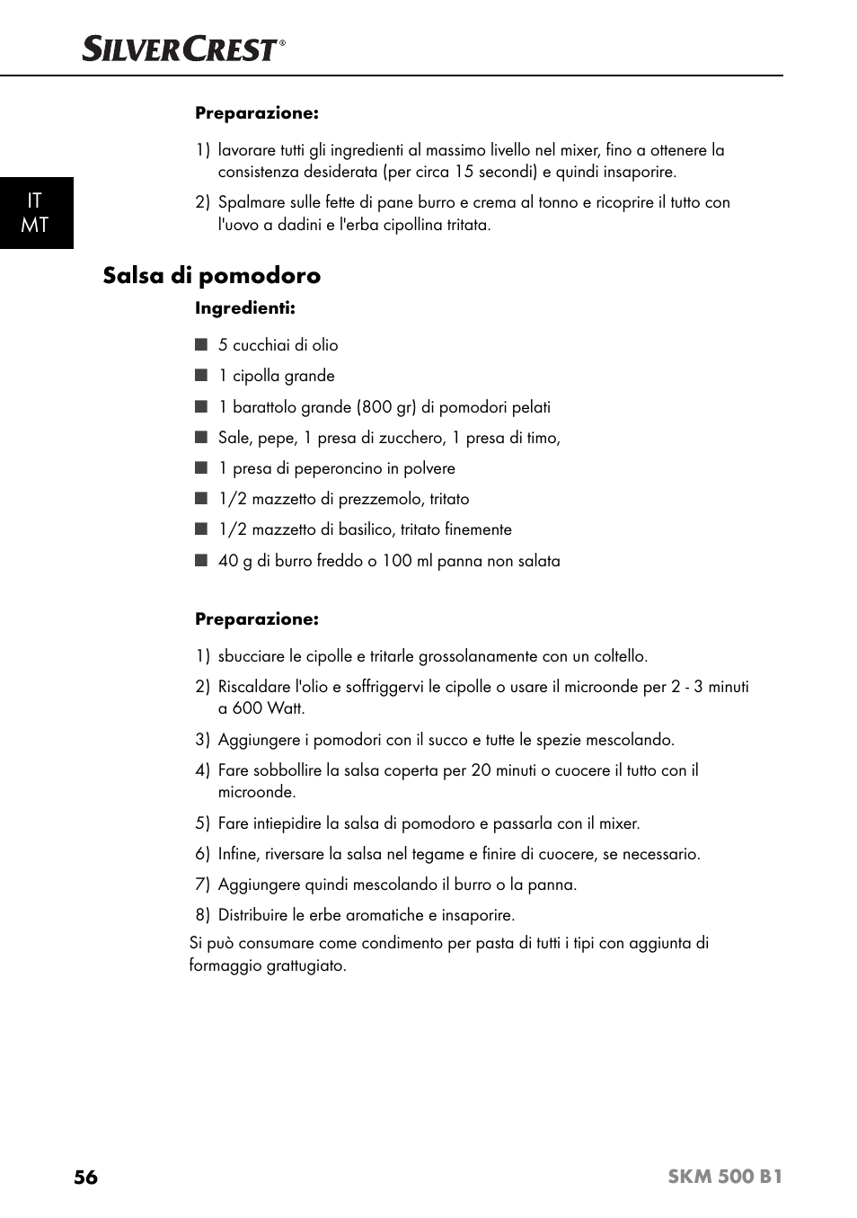 Salsa di pomodoro, It mt | Silvercrest SKM 500 B1 User Manual | Page 59 / 154