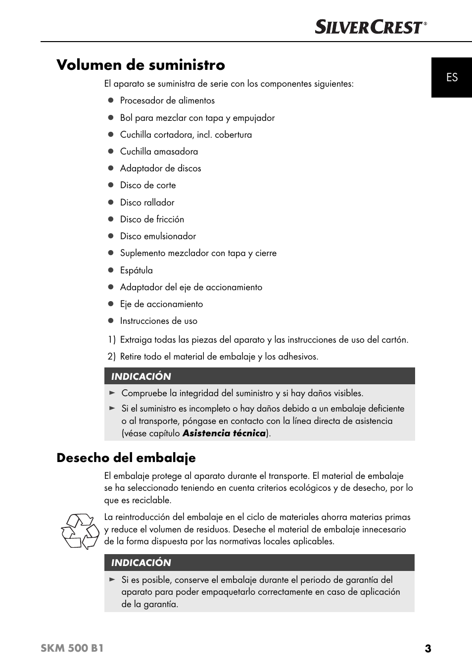 Volumen de suministro, Desecho del embalaje | Silvercrest SKM 500 B1 User Manual | Page 6 / 154