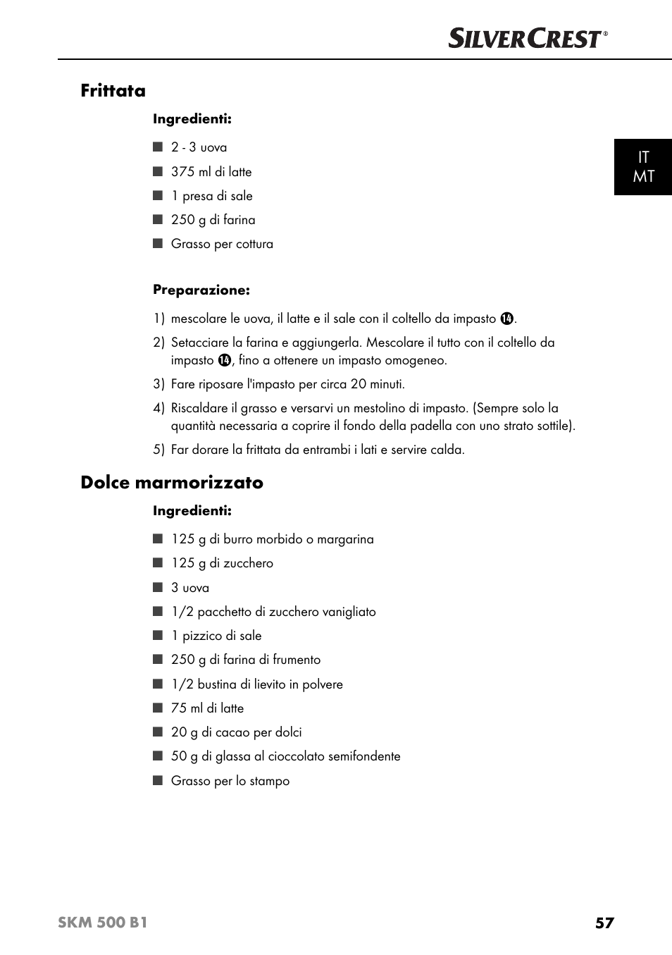 Frittata, Dolce marmorizzato, It mt | Silvercrest SKM 500 B1 User Manual | Page 60 / 154