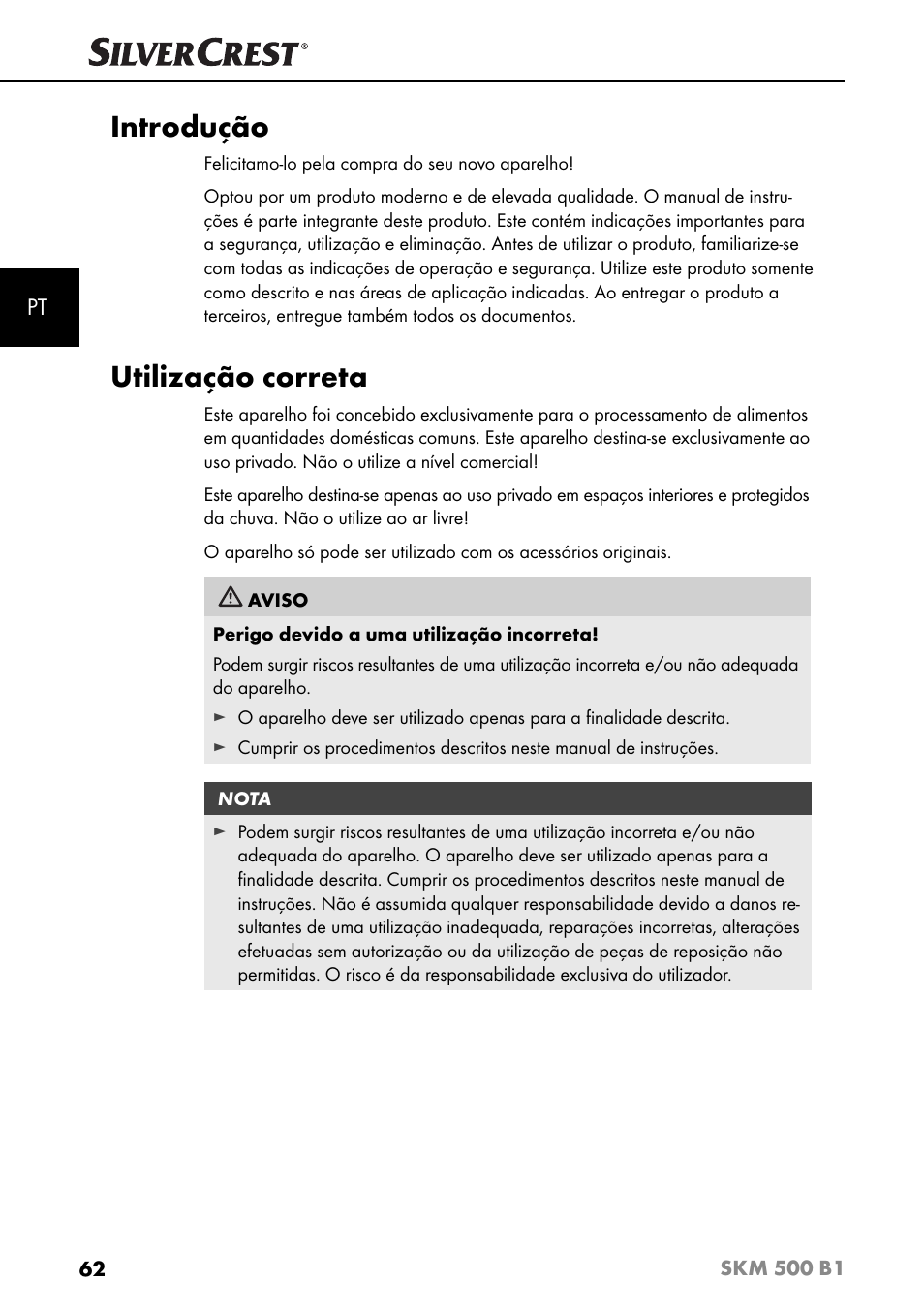 Introdução, Utilização correta | Silvercrest SKM 500 B1 User Manual | Page 65 / 154