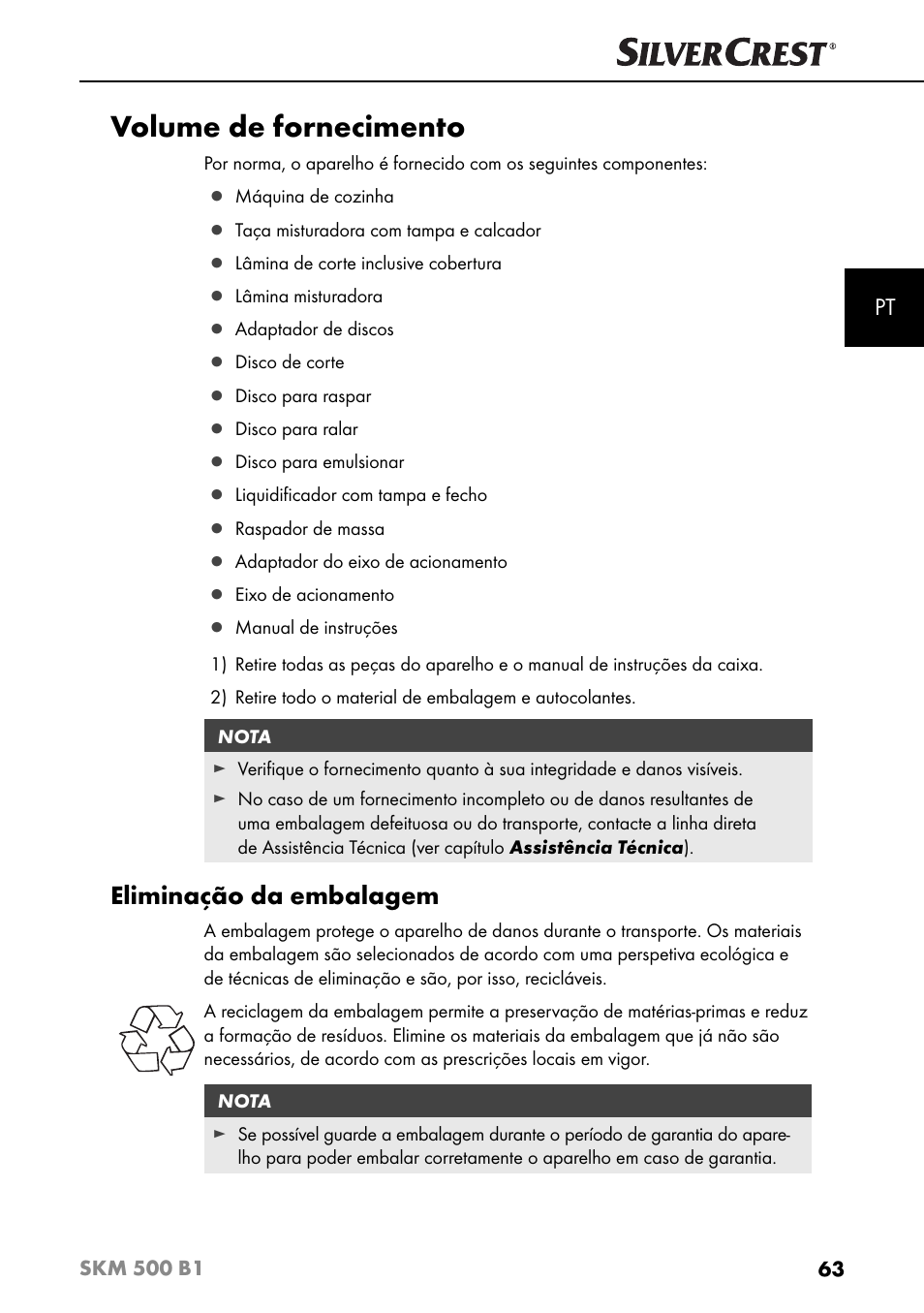 Volume de fornecimento, Eliminação da embalagem | Silvercrest SKM 500 B1 User Manual | Page 66 / 154