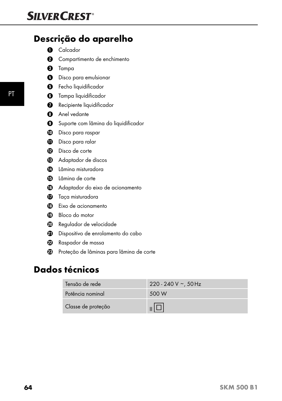 Descrição do aparelho, Dados técnicos | Silvercrest SKM 500 B1 User Manual | Page 67 / 154